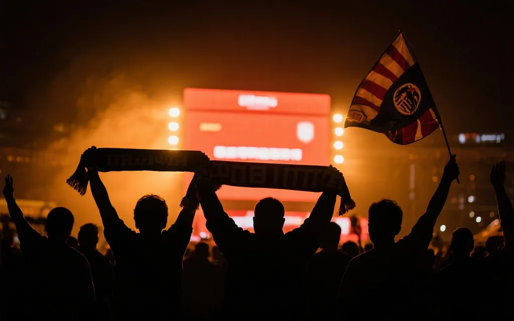 球迷区夜晚大屏幕与人群挥舞围巾的沉浸氛围