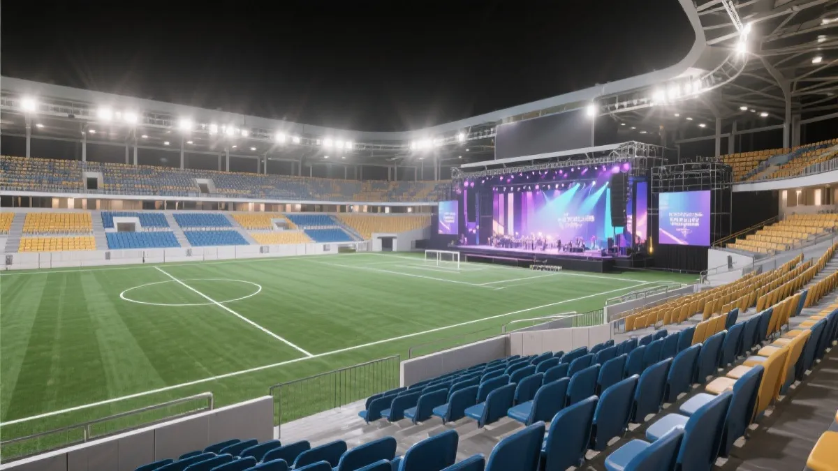 多功能球场赛后举办演出与社区活动，体现避免白象工程与长期资产运营